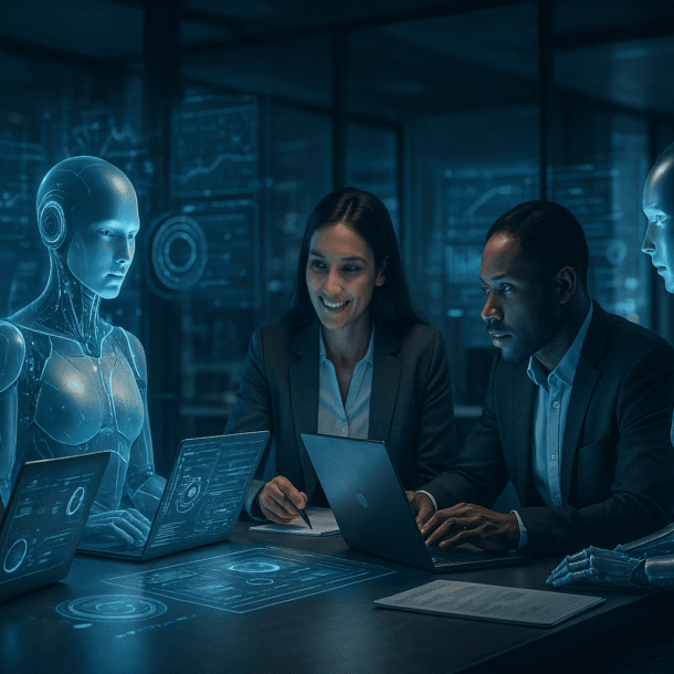 Professionals working with AI holographic assistants symbolizing AI Co-Pilot collaboration.