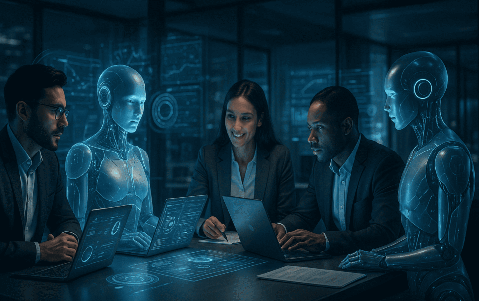 Professionals working with AI holographic assistants symbolizing AI Co-Pilot collaboration.