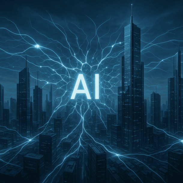 Futuristic enterprise city connected by AI neural network representing AI as new operating system.