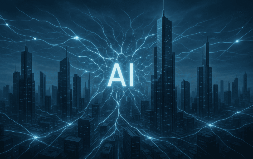 Futuristic enterprise city connected by AI neural network representing AI as new operating system.