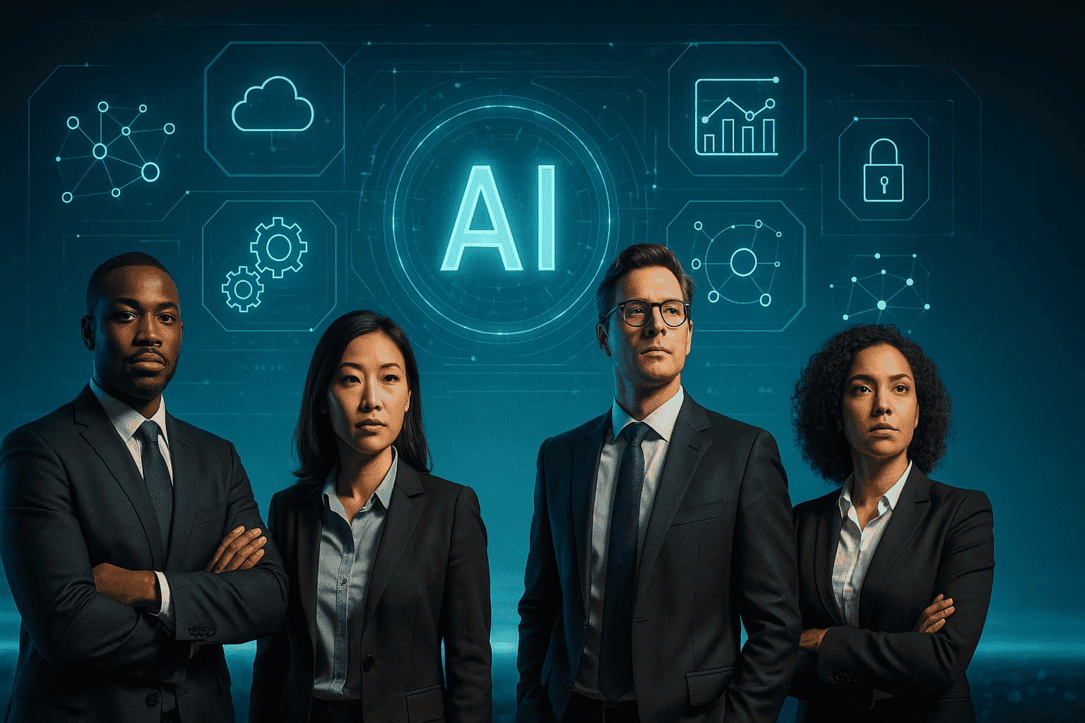 Executives analyzing AI holographic interface representing future intelligent enterprise operations.