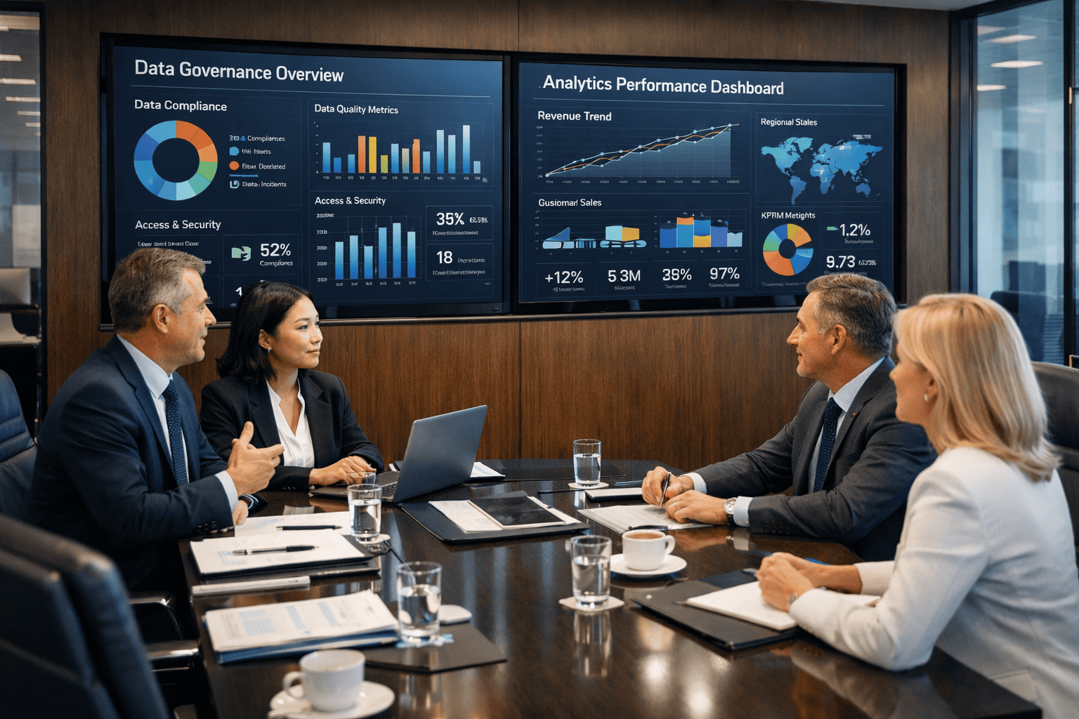 Business leaders reviewing governed data analytics dashboards for strategic decisions